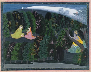クリシュナはラダを熱望し、Lumbagraon Gita Govindaシリーズのイラスト、c.1820-25（不透明なトイレと紙に金）